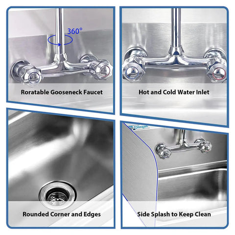 Close-up details of heavy duty stainless steel hand sink with faucet, showcasing gooseneck, hot/cold inlets, and side splash.
