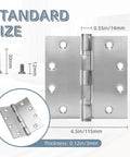 Six-pack 4.5 x 4.5 inch brushed nickel stainless steel door hinges with ball bearings and square corners, front view