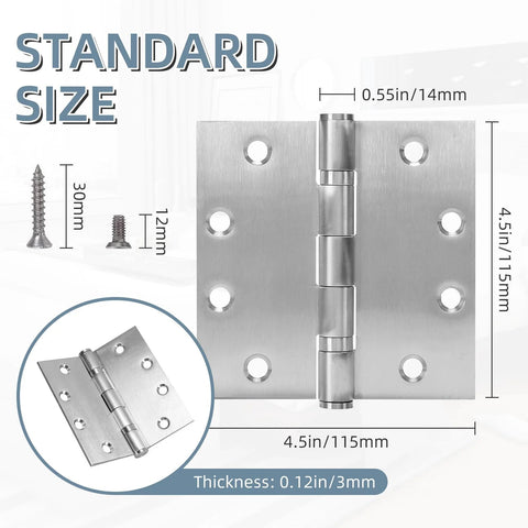 Six-pack 4.5 x 4.5 inch brushed nickel stainless steel door hinges with ball bearings and square corners, front view