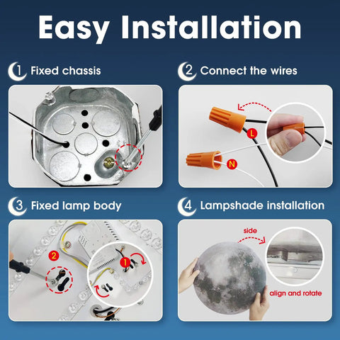 Moon Style LED Ceiling Light Flush Mount 31W 13.8in 5000K Daylight White Glow installation steps diagram.