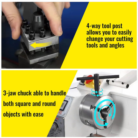 4-way tool post on Precision Mini Metal Lathe Machine With 550 Watt Brush Motor, 2500 RPM for easy tool changing.