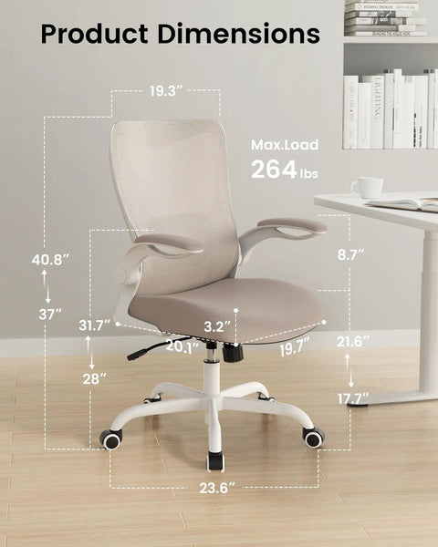 Ergonomic Desk Chair With Adjustable Lumbar Support And Flip Up Armrests In Breathable Mesh For All Day Comfort At Home Or In The Office Khaki Color S Shaped Back Height And Tilt Adjustability shown with dimensions