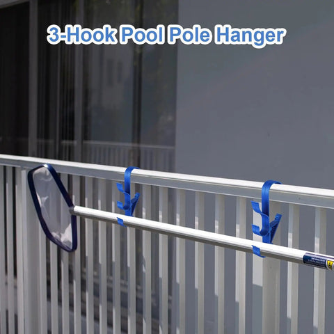 Adjustable Waterproof Pool Pole Hooks Three Hook Bracket holding telescopic rod on balcony railing