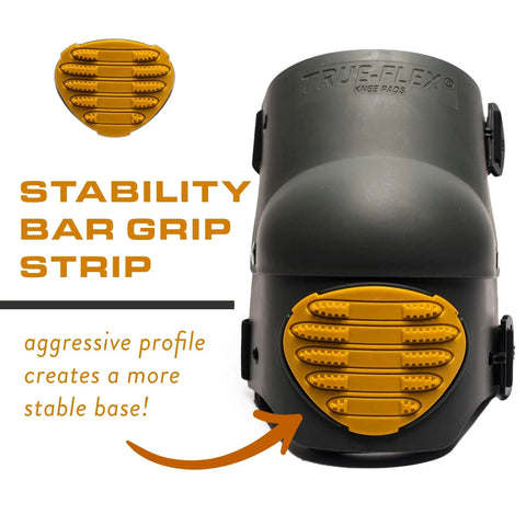 Close-up of extra large work knee pad in black and yellow with stability bar grip strip design for indoor and outdoor jobs.