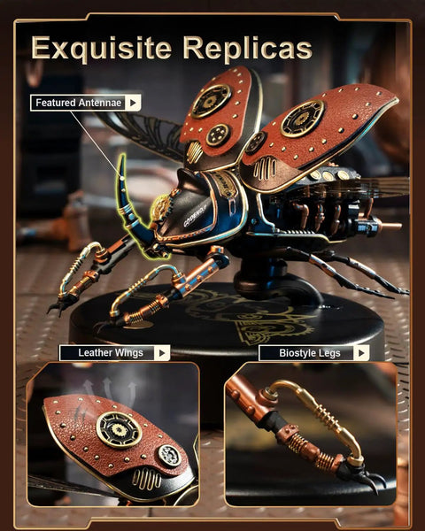 Electric Insect Metal Model Kit For Adults Biopunk Inspired Desk Toy Rhinoceros Beetle Build Kit with antenna detail.