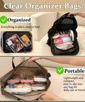 Clear Hard Shell Zipper Pouch Set of Four for Travel and Organization in backpack and purse, showcasing compact stacking