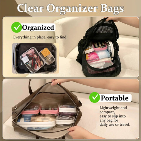 Clear Hard Shell Zipper Pouch Set of Four for Travel and Organization in backpack and purse, showcasing compact stacking