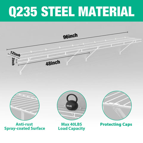 2 Pack Wall Mounted Closet Shelves 4 Foot X 12 Inch Steel Wire Shelving Kit With Rust Resistant Coating For Heavy Duty Storage And Kicking Clutter To The Curb Today For Quick No Fuss Setup display with measurements and load capacity.
