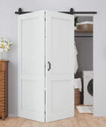 48 By 80 Inch Bifold Barn Door With 64 Inch Track Hardware Two Lite White Primed MDF Panels One And Three Eighths Inch Thick Solid Core