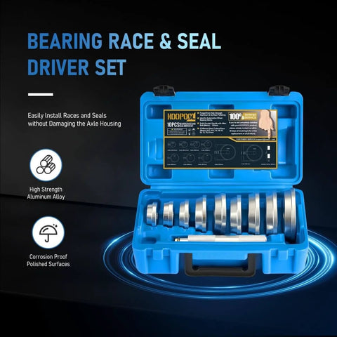 Pro Grade 10 Piece Wheel Bearing Press Kit With Seal Driver And Universal Adapters in blue case, open top view