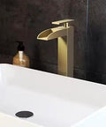 Sleek Brushed Gold Single Hole Bathroom Faucet With High Arc Waterfall Style Single Handle Center Mount Solid Brass Construction