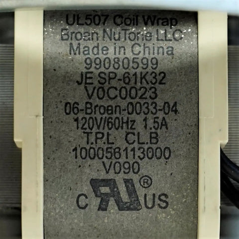Label close-up on Replacement S97017450 Blower For Nutone Bathroom Exhaust Fans, showing model and compliance details.