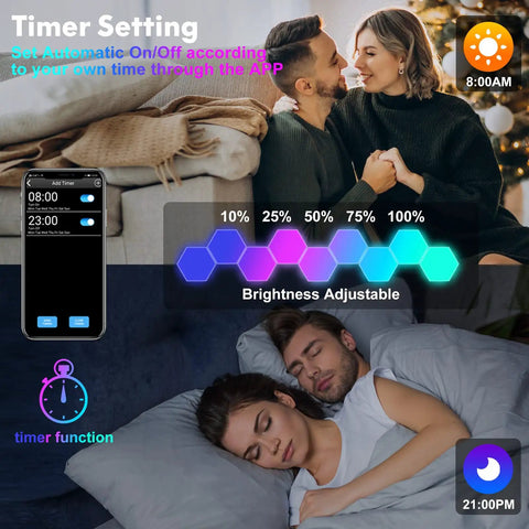 Hexagon LED Wall Panels With App Control And Music Sync, RGB Hex Tiles For Gaming Rooms Or Bedrooms showing timer function.