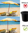 Before and after use of Three Piece Patio Table Umbrella Hole Ring Insert And Cone Wedge Kit for 2.5in table holes beach setup