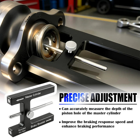 Close-up of Shop Grade Aluminum Brake Booster Adjustment Tool with strong magnet, showing precise measurement features for master cylinder alignment.