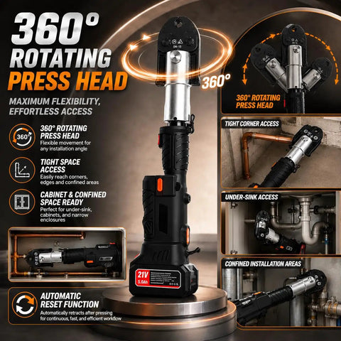 360° rotating press head of 60KN Cordless Electric Pipe Crimper Tool 18V Brushless Hydraulic Press Kit for flexible access.