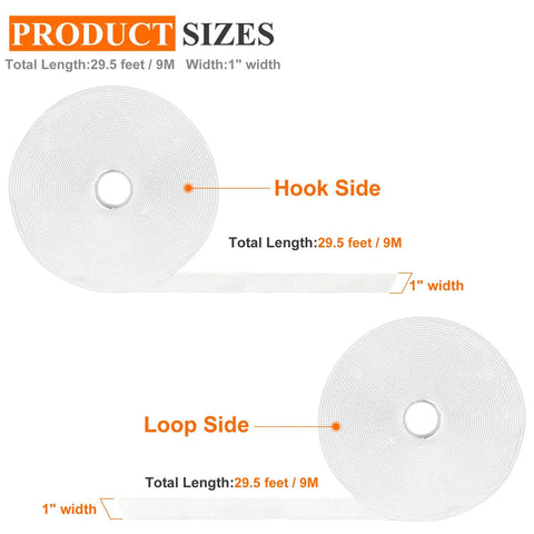 Heavy Duty Self Adhesive Mounting Tape Rolls With Rock Solid Industrial Strength Sticky Back Strips showing 29.5 ft by 1 inch loop and hook sides.