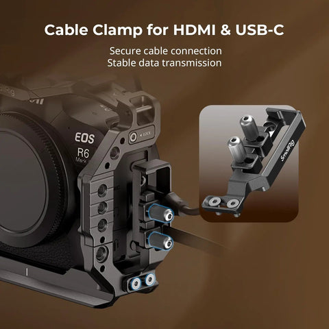 Hawklock Camera Cage Kit For Canon R6 Mark II with HDMI USB-C cable clamp close-up