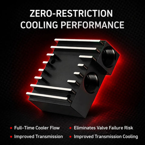 68RFE Thermal Bypass Valve Upgrade Kit For 2013 To 2018 Ram 2500 And 3500 6.7L Cummins in black with silver fins