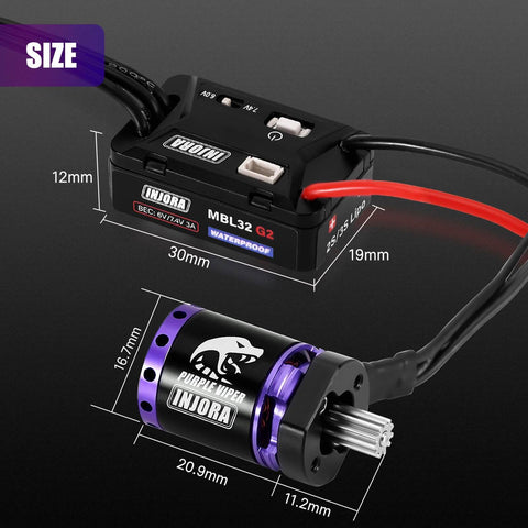 MBL32 G2 Waterproof Brushless ESC and 1721 Purple Viper Outrunner Motor kit with dimensions for TRX4M Ascent 18.
