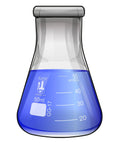 Erlenmeyer flask from Lab Style Shot Glass Set With Six Pieces Including Three Beakers And Three Erlenmeyer Flasks, 50ml Each, Thick Borosilicate Glass, Dishwasher Safe, Party Ready Kitchen And Bar Accessory, filled with blue liquid, graduated markings visible