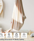 Kids Sensory Swing Chair For Indoor And Outdoor Chill, cocoon hammock in playroom, beige polyester fabric visible