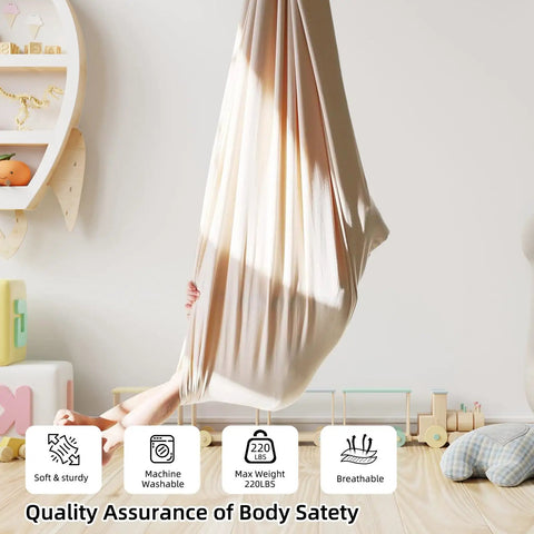 Kids Sensory Swing Chair For Indoor And Outdoor Chill, cocoon hammock in playroom, beige polyester fabric visible