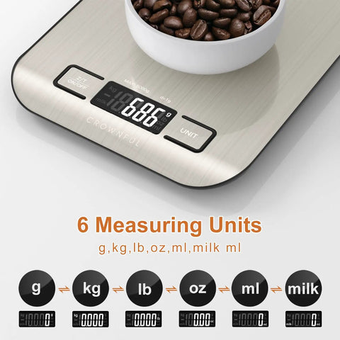 Close-up of Must Have Digital Kitchen Scale With 11 Lb Capacity showing LCD display and bowl of beans on stainless steel surface.