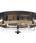 Farmhouse Wooden Flush Mount Ceiling Light With Clear Glass Shade, Rustic Two Light Ceiling Lamp, black metal, wood finish, side view