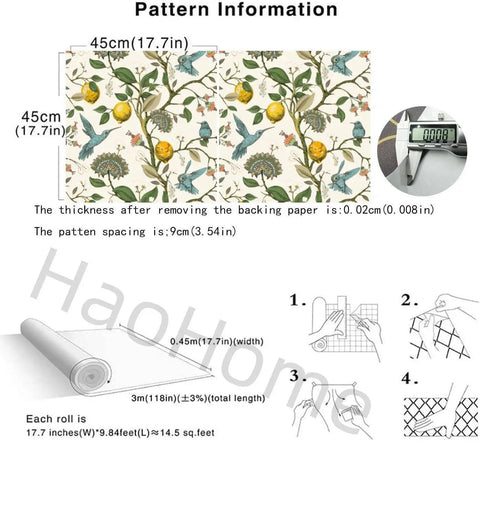 Blue Bird Peel And Stick Wallpaper With Fresh Lemon Tree Pattern shown with measurements and installation guide