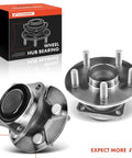Rear Wheel Bearing And Hub Assembly 2 Pack For Toyota Corolla 2003 2008 Matrix 2003 2008 Celica 2000 2005 And Pontiac Vibe 2003 2008 FWD Non ABS 5 Lug Durable Beefy Heavy Duty High Load Capacity Easy To Install shown with package.