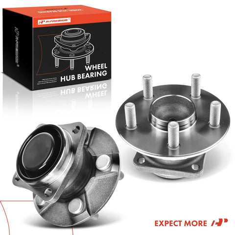 Rear Wheel Bearing And Hub Assembly 2 Pack For Toyota Corolla 2003 2008 Matrix 2003 2008 Celica 2000 2005 And Pontiac Vibe 2003 2008 FWD Non ABS 5 Lug Durable Beefy Heavy Duty High Load Capacity Easy To Install shown with package.