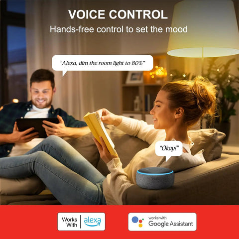 Couple using Alexa and Google Assistant Compatible Smart Light Bulbs No Hub Required A19 Soft White 2700K 800LM WiFi LED Bulbs