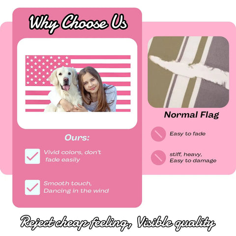 Comparison of Personalized Pink American Flag 3x5ft Custom Flag with vivid colors and smooth touch vs normal flag quality.