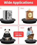 Foxvee Heavy Duty Motorized Turntable 23.6 Inch Remote Control Rotating Display Stand For 3D Scanning And Photography 360 Degree Speed Adjustable Platform featuring various objects like a safe, clock, panda, and model.