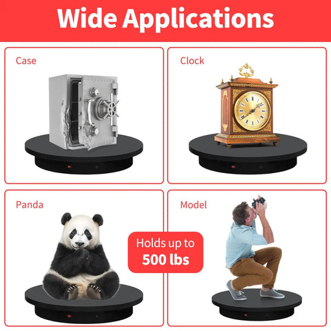 Foxvee Heavy Duty Motorized Turntable 23.6 Inch Remote Control Rotating Display Stand For 3D Scanning And Photography 360 Degree Speed Adjustable Platform featuring various objects like a safe, clock, panda, and model.