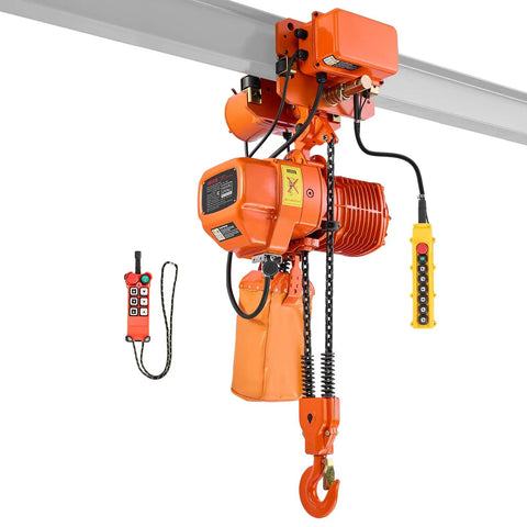 Velvet-Vision VEVOR 4400 Pound Electric Chain Hoist With Power Trolley showing motor, chains, and remote control.