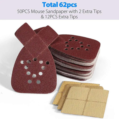 No Fuss Mouse Sander Sanding Pads Set, 50 Pack With 60 80 120 150 And 220 Grits, displayed with extra replacement tips