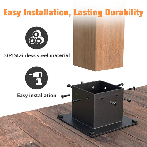 Stainless Steel Flange Anchor Base For 4x4 Deck Posts With Screws Black Finish shown with installation instructions