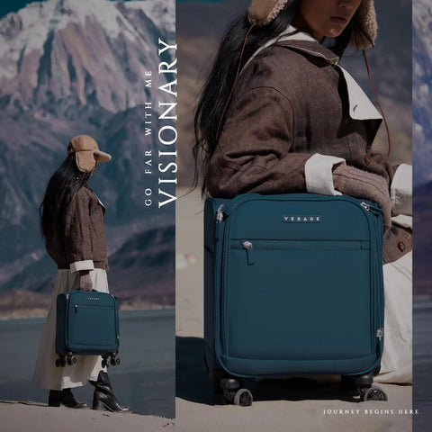 Woman standing with Underseat Carry On Luggage With Wheels Lightweight Softside Travel Bag 14.5 Inch Spinner Suitcase