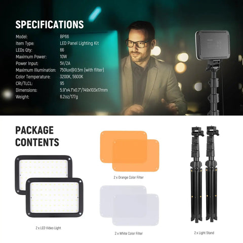 Image of Basics 2 Pack LED Video Light Panel Kit Bi Color Dimmable Portable Studio Lights With Stands And Filters contents.