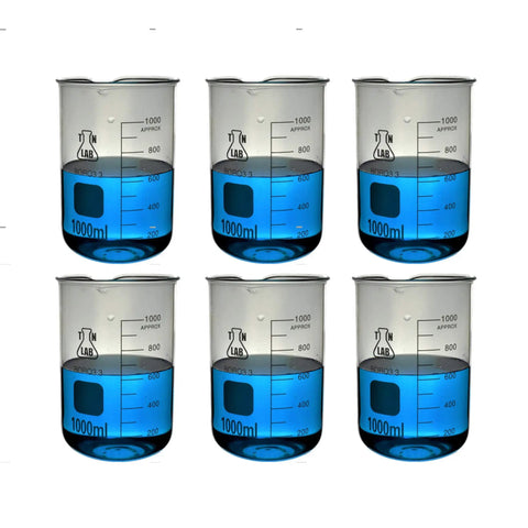 Six 1L Borosilicate Glass Beaker With Graduations 1000ml 6 Pack Low Form Heavy Wall Lab Beaker Set With Pouring Spout displayed.