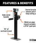 Pipe Mount Swivel Trailer Jack With 2000 LB Lift Capacity And 3000 LB Support 15 Inch Travel Swivels Up And Out Of The Way For Easy Towing Heavy Duty Steel Stand, side view with pull-pin and side-wind handle