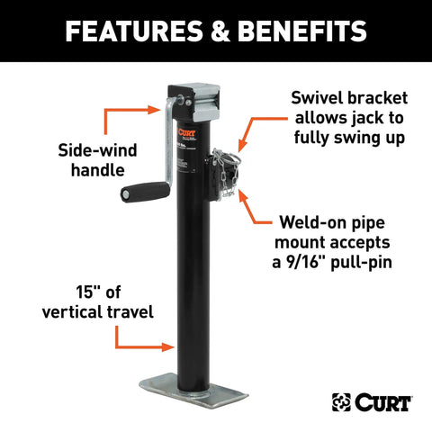Pipe Mount Swivel Trailer Jack With 2000 LB Lift Capacity And 3000 LB Support 15 Inch Travel Swivels Up And Out Of The Way For Easy Towing Heavy Duty Steel Stand, side view with pull-pin and side-wind handle