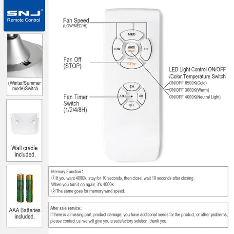 Remote control for 52 Inch Brushed Nickel And Black Ceiling Fan With Lights And Remote, Tri Color LED Temperature Options, Quiet Reversible Motor