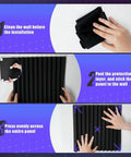 Installation guide for 52 Pack Wedge Acoustic Foam Panels With Heavy Duty Self Adhesive, showing steps to apply black acoustic foam.