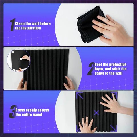 Installation guide for 52 Pack Wedge Acoustic Foam Panels With Heavy Duty Self Adhesive, showing steps to apply black acoustic foam.