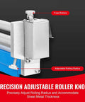 Close-up of slip roll machine with 12.6 inch forming width, showing fixed and adjustable rollers for 20 gauge metal.