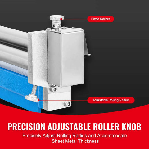 Close-up of slip roll machine with 12.6 inch forming width, showing fixed and adjustable rollers for 20 gauge metal.