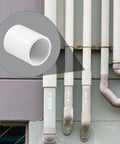 20 Pack 3/4 Inch PVC Coupling Fittings Socket To Socket Schedule 40 for plumbing installed in wall, shown in cutout.